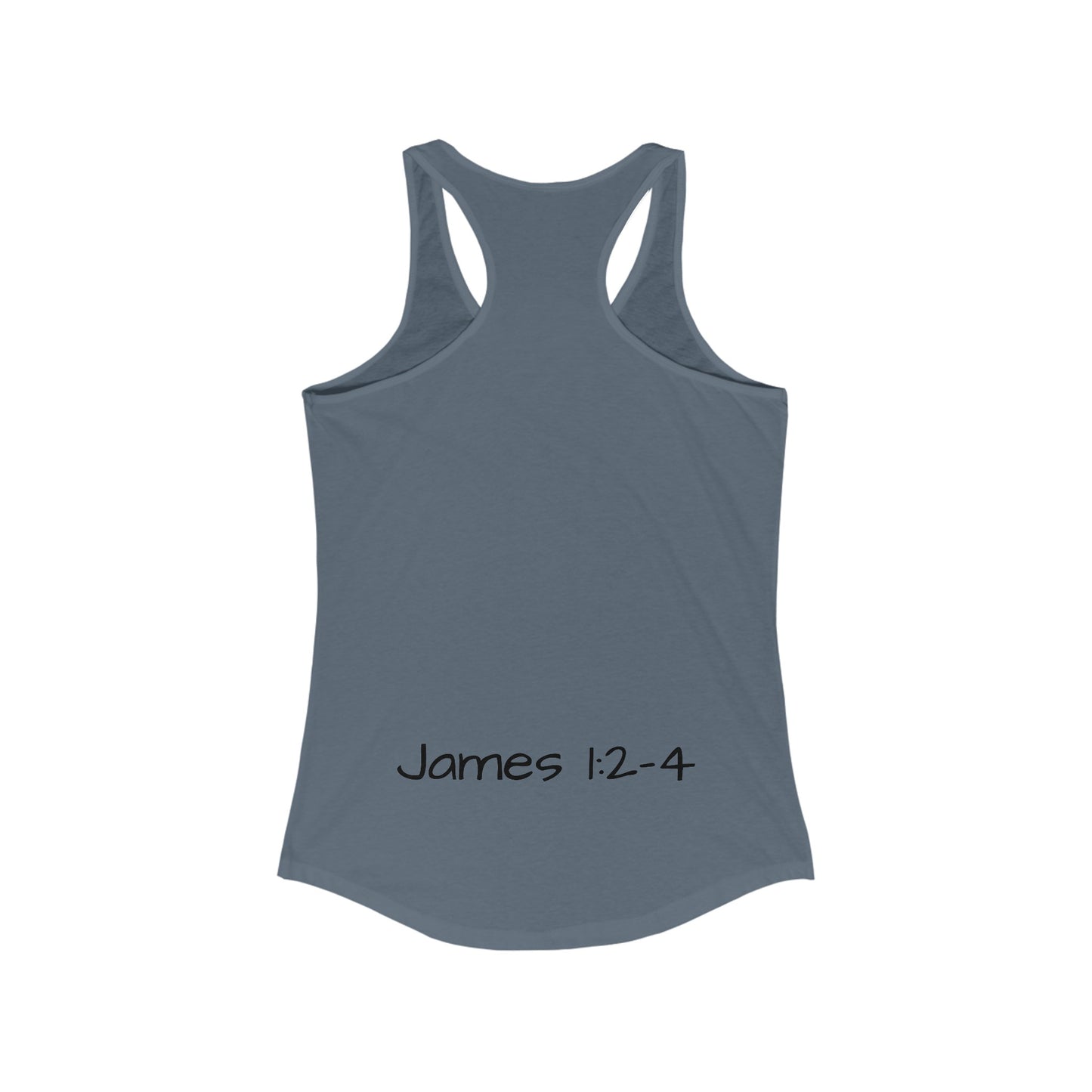 Women's Ideal Racerback Tank- Be Content-James 1:2-4 on back bottom-fill in the blank